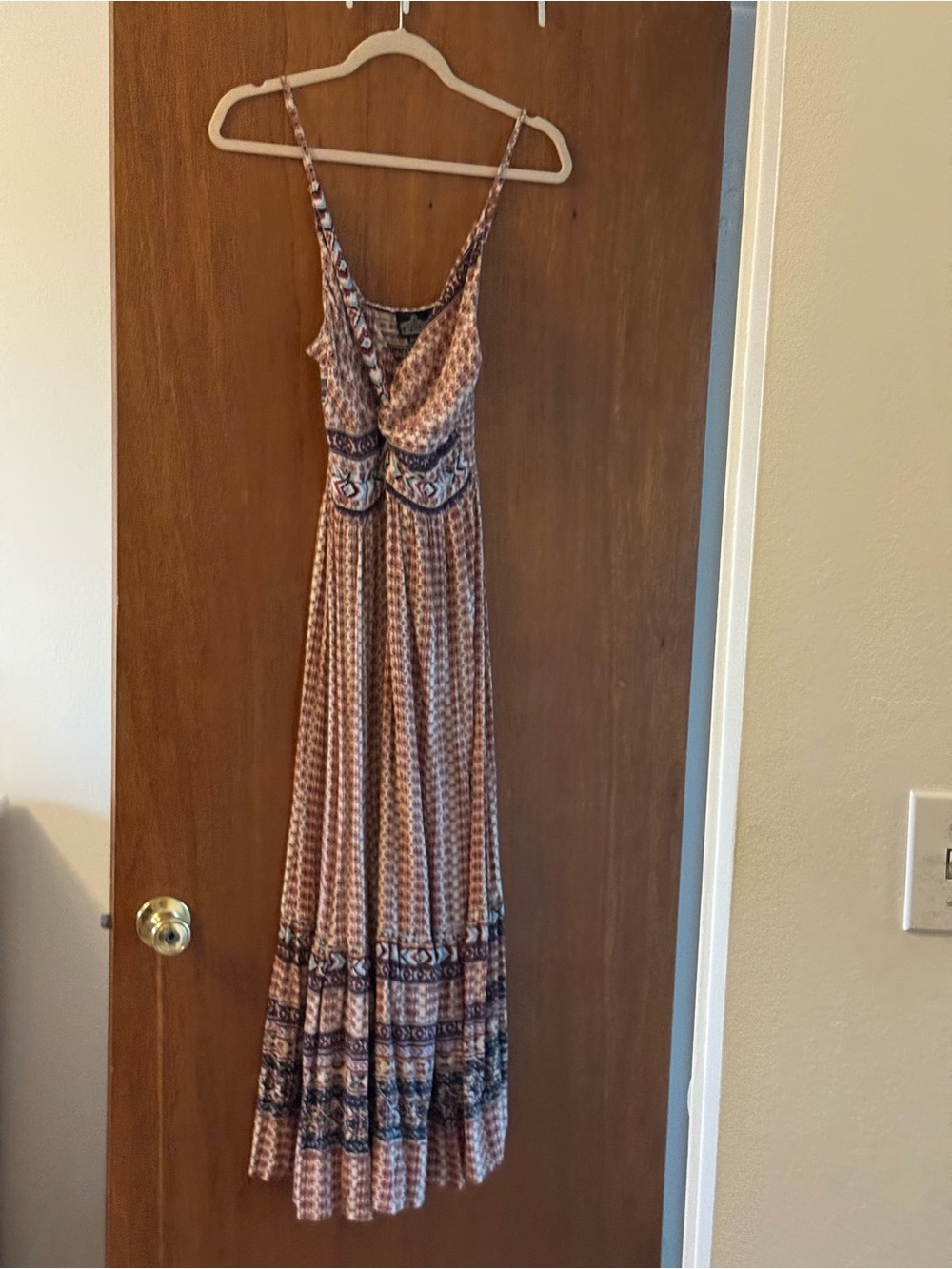 Boho Maxi Dress in Rust and Navy Print with Adjustable Straps